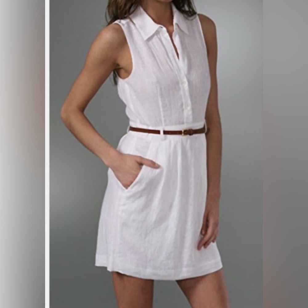 Sleeveless White Collared Shirt Dress with Belt